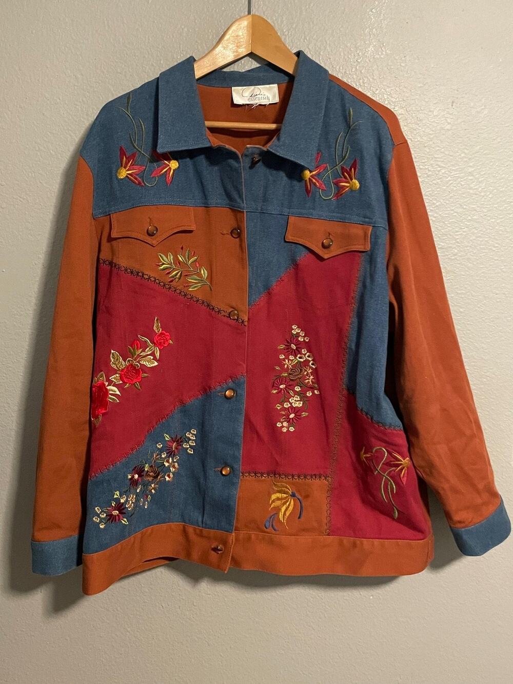 Dianes Essentials Jacket Womens 2X Floral Embroidered Patchwork Boho Artsy 90s